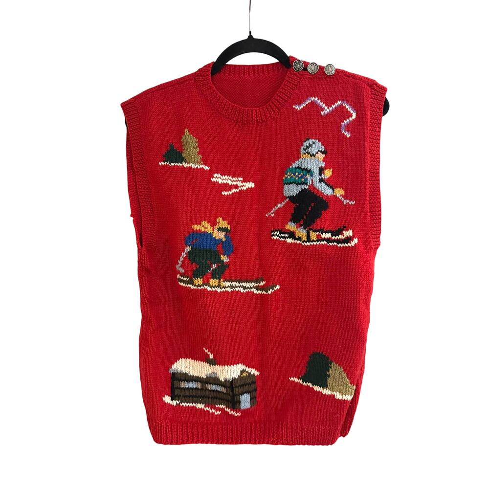 Vintage Hand Knit Red Sweater Vest Skiing Cabin Skiers Cottagecore Preppy OOAK